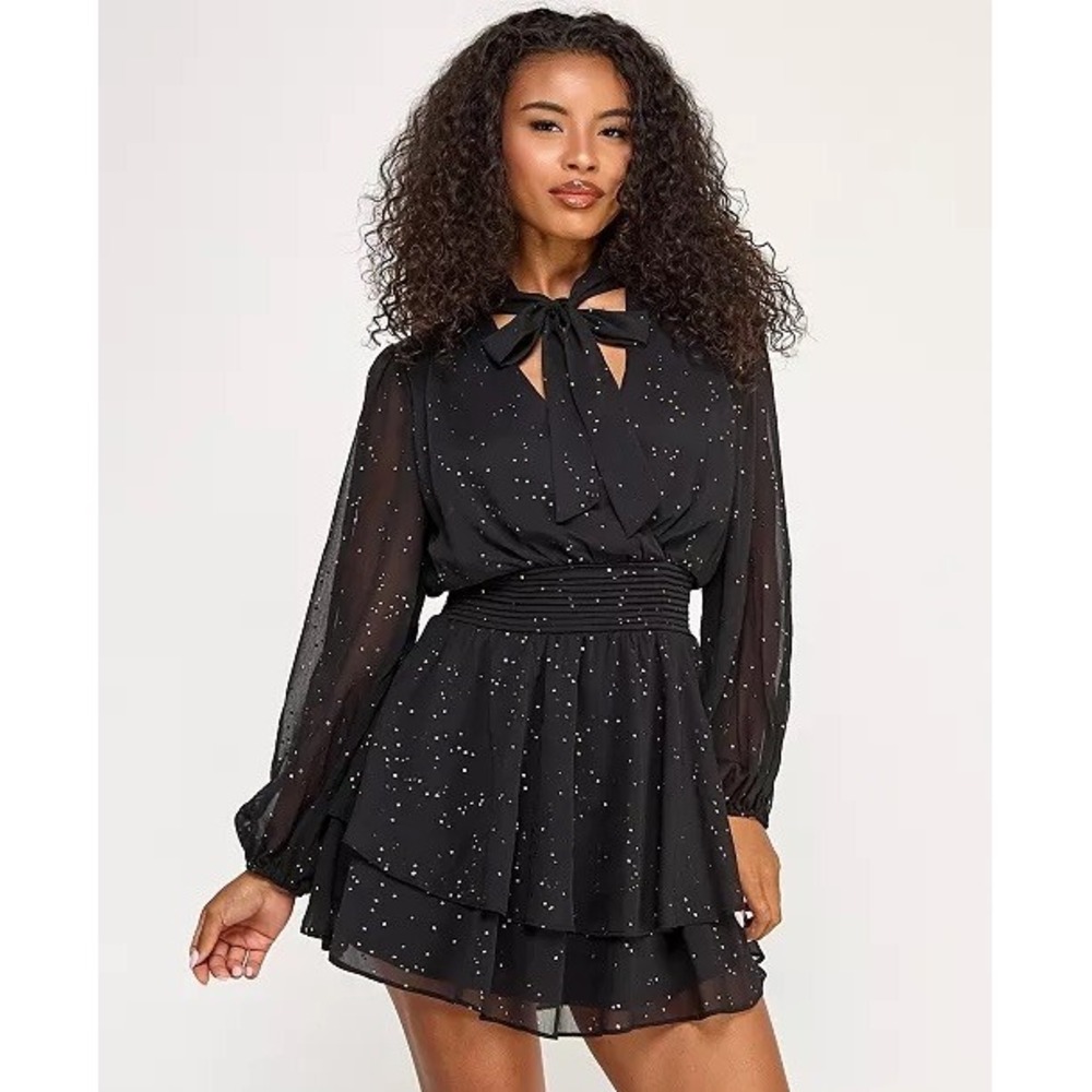 City Studios Dress Junoirs S  Black Gold Dot Tie Neck Smocked Ruffle Mini NWT